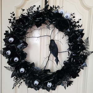 Gothic Halloween Wreath, spooky black twig Halloween Front  door wreath, Black Raven Halloween wreath, black rose wreath, black Crow wreath