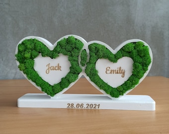 Engraved Wood Heart with moss as Personalised Valentines Gift For Her Names And Date Wood Anniversary Gift for Husband or Wife romantic gift