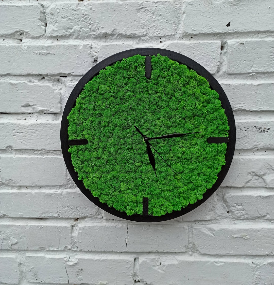 Green Moss Wood Wall Clock, Wood Wall Clock With Natural Green Moss ...