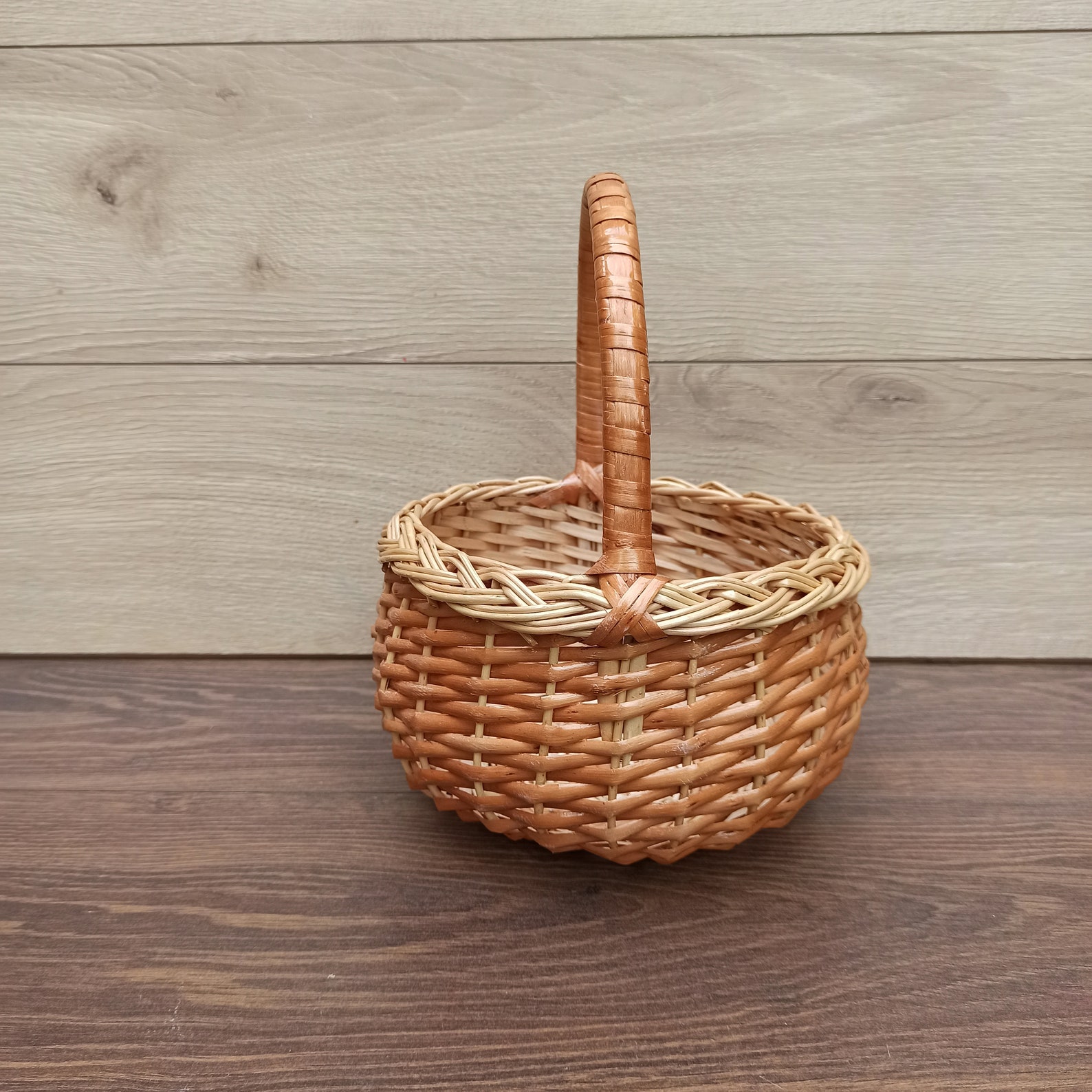 Beige Wicker Basket With Handle Small Round Basket Kids Etsy