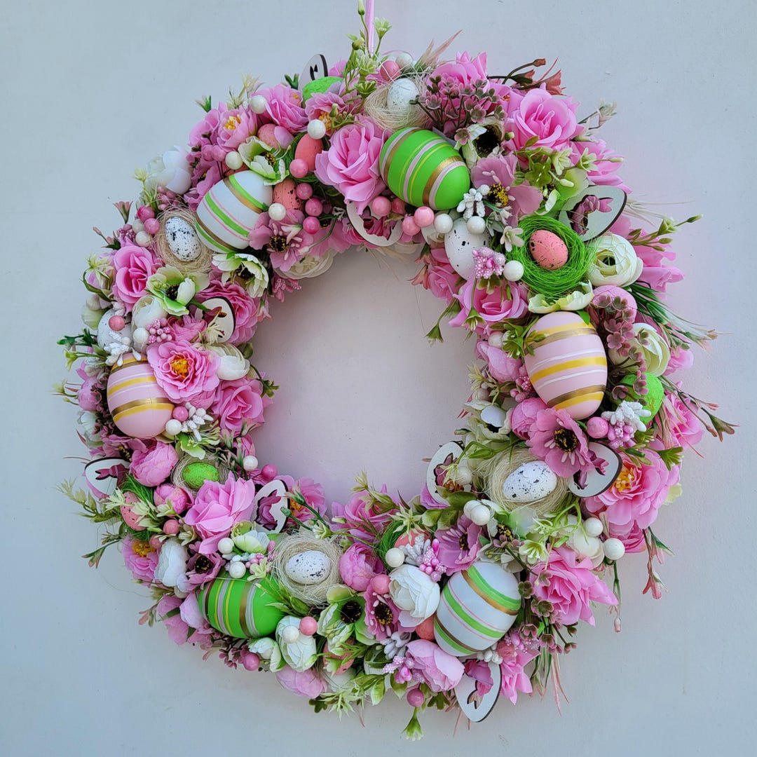 Pink Floral Easter Wreath, Pink Spring Door Wreath, Easter Egg Wreath ...
