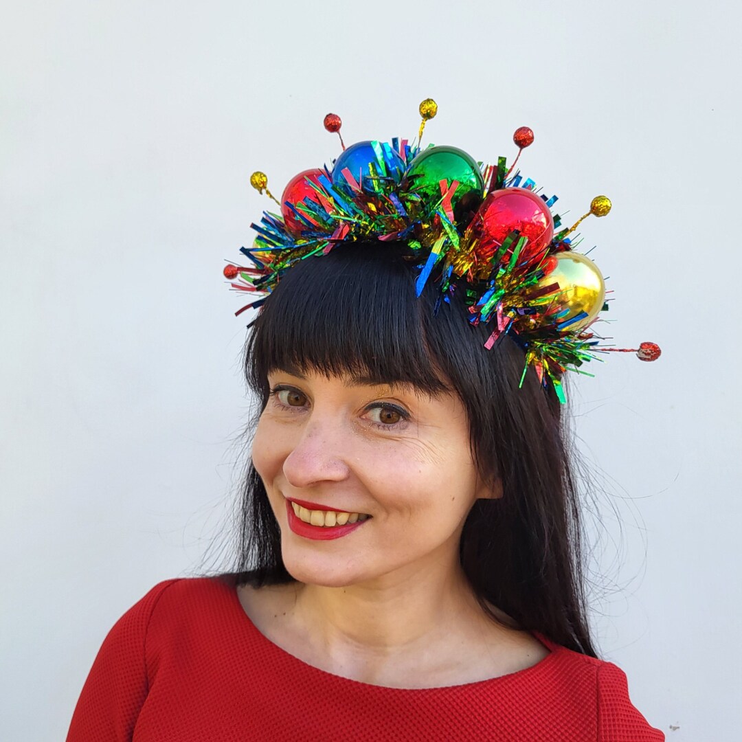 Colorful and Bright Christmas Tinsel Headband Crown With Red Gold Blue