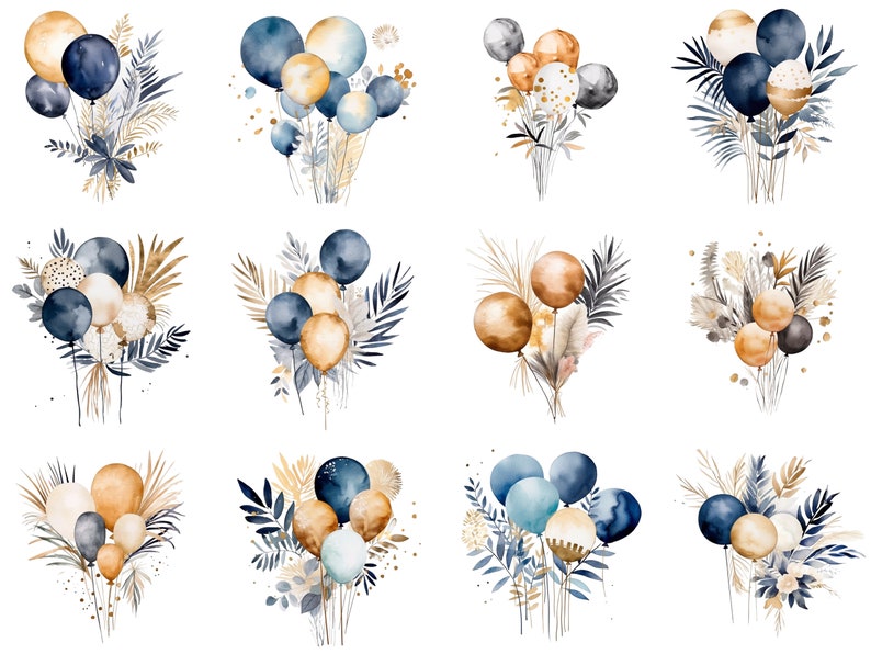 Clipart Balloons Navy Blue and Gold Set Prussian Digital Transparent ...