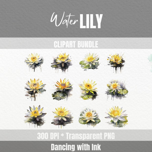 Yellow Water Lily Pad Clipart Set Black & White Digital Sticker Transparent Png Illustration Bundle Clip Art Scrapbook Ephemera Lotus Flower