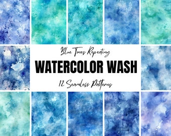 Watercolour Wash Seamless Patterns Set Blue Aqua Digital Paper Repeating Background Tiles Paint Washes Splash Water Ocean Under the Sea