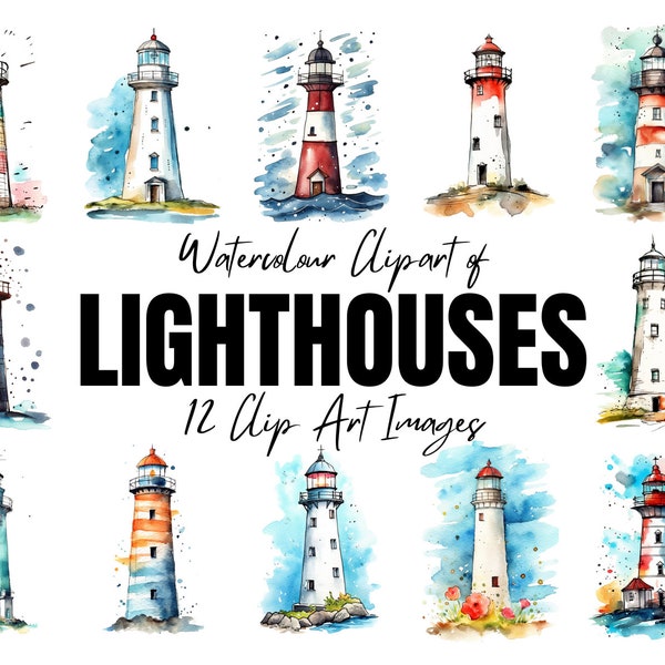 Clipart of Lighthouses Nautical Digital Download Digital Stickers Printable Logo Clip Art Simple Summer Seaside Scene Watercolour Sketch