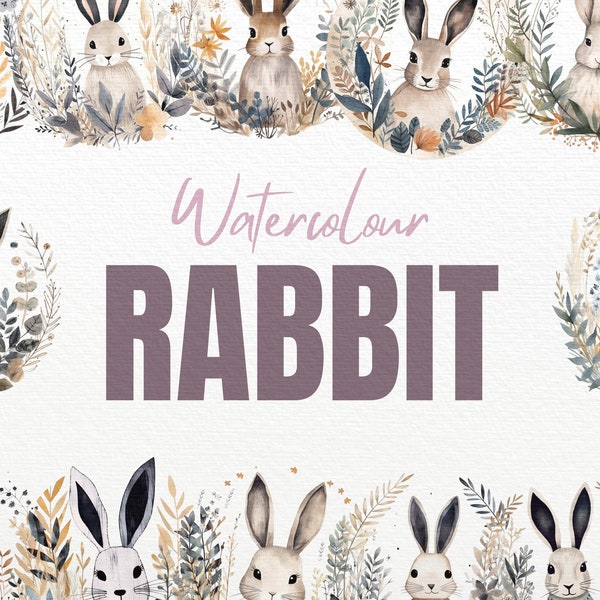 Watercolour Rabbit Clipart Bunny Baby Shower Sublimation Nursery Decor Scrapbooking Printable Art Easter PNG Bunnies Wreaths Floral Neutral