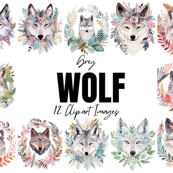 Grey Wolf Clipart Pink Mint Green Wildlife Watercolour Digital Download Commercial Use Crafting Bundle Clip Art Woodland Wild Animals Husky