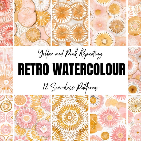 Retro Watercolour Seamless Patterns Set Yellow Orange Pink Digital Paper Repeating Background Tiles 70's Flowers Tie Dye Commercial Use Pack