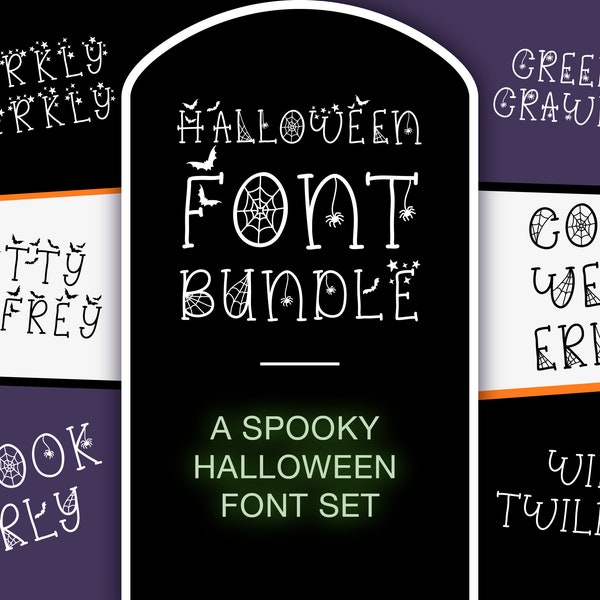 Halloween Font Bundle .OTF Typeface Spooky Scary Creepy Letters Magical Lettering Text Party Invite Fonts Bats Cobwebs Spiders Webs Stars