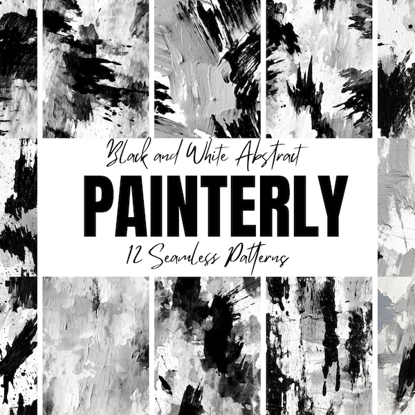 Painterly Patterns Abstract Clipart Black & White Minimalist Monochrome Grey Chunky Brush Strokes Painted Art Seamless Repeating Pattern Set