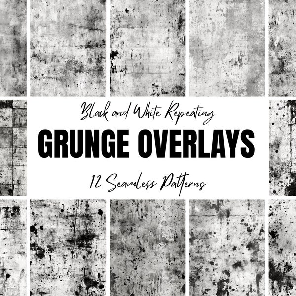 Grunge Overlays Seamless Patterns Set Black & White Digital Paper Repeating Background Tiles Clipart Texture Photoshop Distressed Pattern