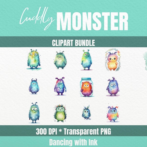 Cuddly Monster Clipart Set Cute Nursery Wall Art Quirky Card Making Colourful Images Fantasy Creatures Sweet Kawaii Style Cartoon Scrapbook