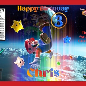 May include: A colorful birthday-themed graphic featuring Mario upside down, with the text "Happy Birthday" and "Chris". Includes characters like Yoshi, Luigi, and Princess Peach, with a "3" in a circle. The background has a space theme.