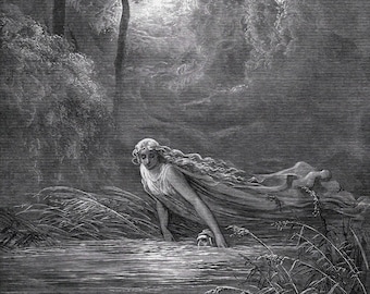 1800s Gustave DORE Woodcut &quot;River of Lethe Matelda & Dante&quot; Gallery FRAMED Signed COA