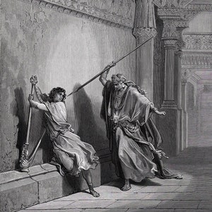 Gustave DORE 1800&#39;s Woodcut &quot; David Fears Saul and the Lord&quot; Custom Framed SIGNED Certificate of Authenticity