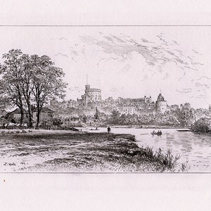 May include: A black and white engraving of Windsor Castle, a large, historic castle in England, seen from across a river. The castle is in the background, with a river in the foreground. There are trees and a few people in the foreground.
