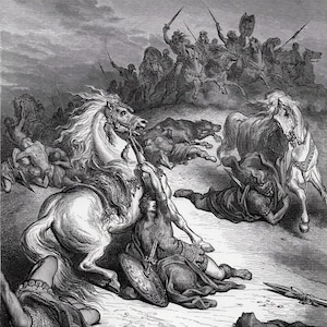 Xilogravura DORE de 1800 "A queda e a morte de Saul" Galeria emoldurada Certificado de autenticidade ASSINADO