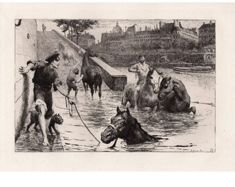 JACOMB-HOOD Original 1800s Etching "Bathing Horses in the Seine" Signed Framed COA