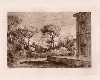 May include: A black and white etching of a building with a garden in front of it. The building has a classical design with columns and a pediment. The garden is filled with trees and shrubs. The etching is signed "J.C. Dalziel, Sc." in the lower right corner.