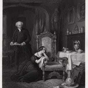 1800s William Allan Antique Engraving "The Empty Chair; Abbotsford" FRAMED Signed COA