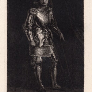May include: A black and white etching of a person wearing armor, standing with a spear in their hand. The etching is titled "Rayon ag fort 1875".
