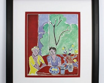 Henri Matisse 1948 Gesigneerde antieke prent "Meisjes aan een rode tafel" Ingelijst met certificaat