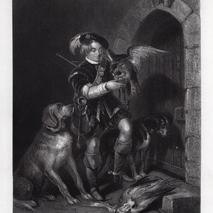 May include: Black and white engraving of a young person in traditional attire, holding a bird of prey. Two dogs flank the person, and a dead bird lies on the ground. The scene is set near a stone doorway.