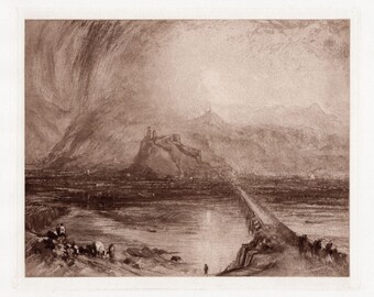 WILLIAM TURNER Framed 1800s Etching &quot;Ancient Bellinzona Castles&quot; Galllery Certificate