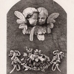 May include: A black and white engraving of two cherubs with wings, looking at each other. Below them is a floral arrangement with ribbons.