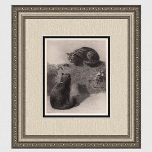 Grabado original de Ebenezer Newman Downard, década de 1800, "Cat Pals", enmarcado en galería, certificado de autenticidad firmado.