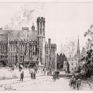 ORIGINAL Herbert Railton 1800s Etching &quot;Lincoln&#39;s Inn Hall London&quot; Framed SIGNED COA