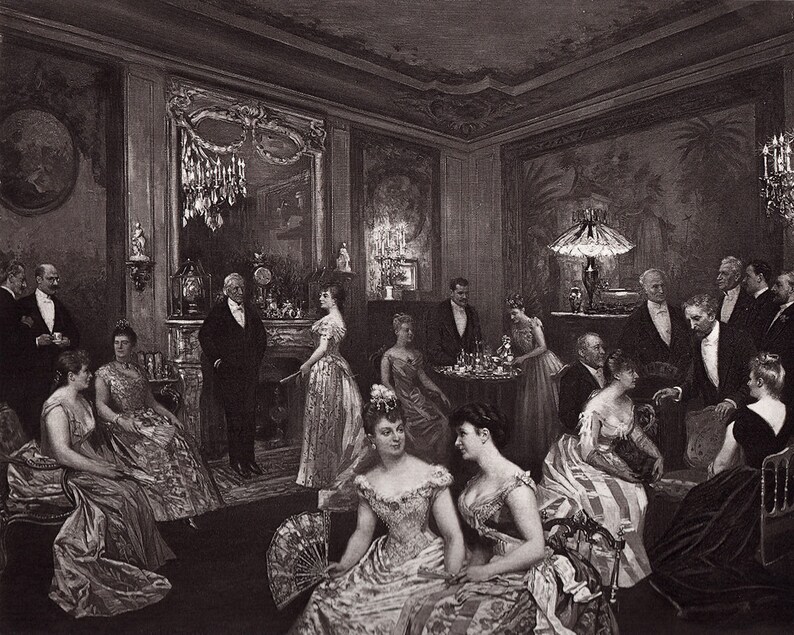 Horace de Callias 1800s Antique Print After Dinner Party with the Baroness Framed COA