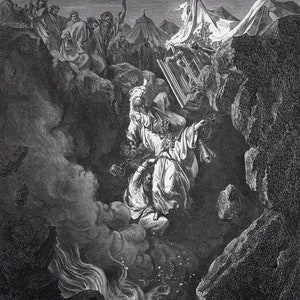 ASSINADO Gustave DORE Xilogravura religiosa de 1800 "Korah Dathan e a morte de Abiram" Certificado de autenticidade emoldurado personalizado