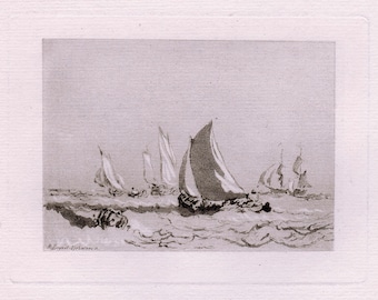 William TURNER 1800s Signed Framed Nautical Etching &quot;Day of Sailing&quot;  Certificate of Authenticity