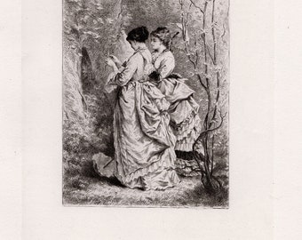 1800 ORIGINAL Edmond Hedouin Etching ""Spring"" GALLERY FRAMED Echtheitszertifikat enthalten."