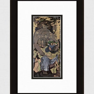 Puede incluir: Una pintura de una mujer sentada con una cesta de fruta en su regazo. La mujer lleva un vestido azul y verde y tiene un fondo oscuro detrás de ella.