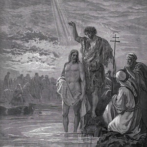 Grabado bíblico de Gustave Doré del siglo XIX "Los cielos se abren en el bautismo de Jesús", enmarcado en galería, certificado de autenticidad firmado.