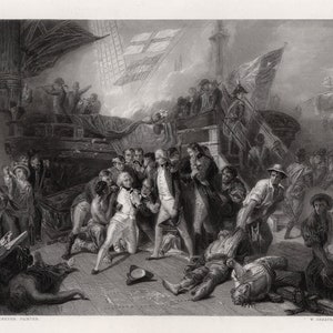 1800s Ernest Slingeneyer ASSINADO Gravura "A Morte de Nelson" EMOLDURADO Certificado de Autenticidade