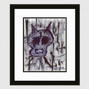 May include: A black and white abstract painting of a skull with a cross on its forehead. The skull is surrounded by black lines and shapes.