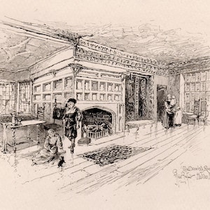 Herbert RAILTON Original 1800s Etching &quot;The Drawing Room, Haddon Hall&quot; Framed SIGNED COA