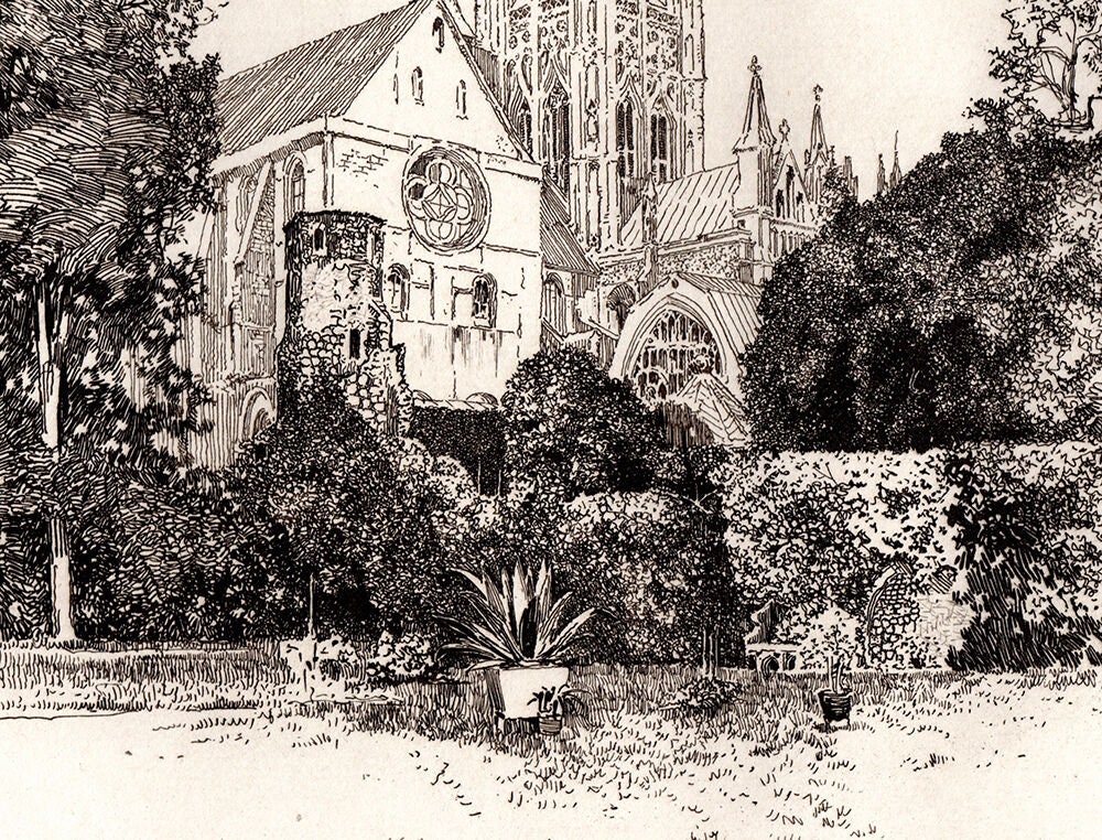 Joseph pennell original 1800s etching canterbury the oldest cathedral