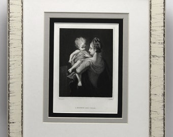 May include: A black and white engraving of a mother holding a child. The mother is wearing a long dress and the child is wearing a simple garment. The engraving is titled "A Mother and Child."
