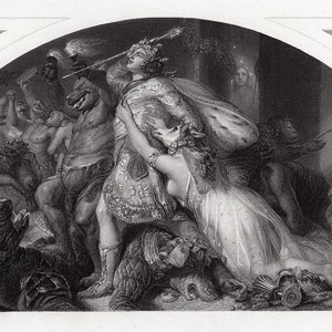 LANDSEER SIGNED 1800s John Milton's "Comus, a Masque Engraving "Rout of Comus" FRAMED Gallery Certificate