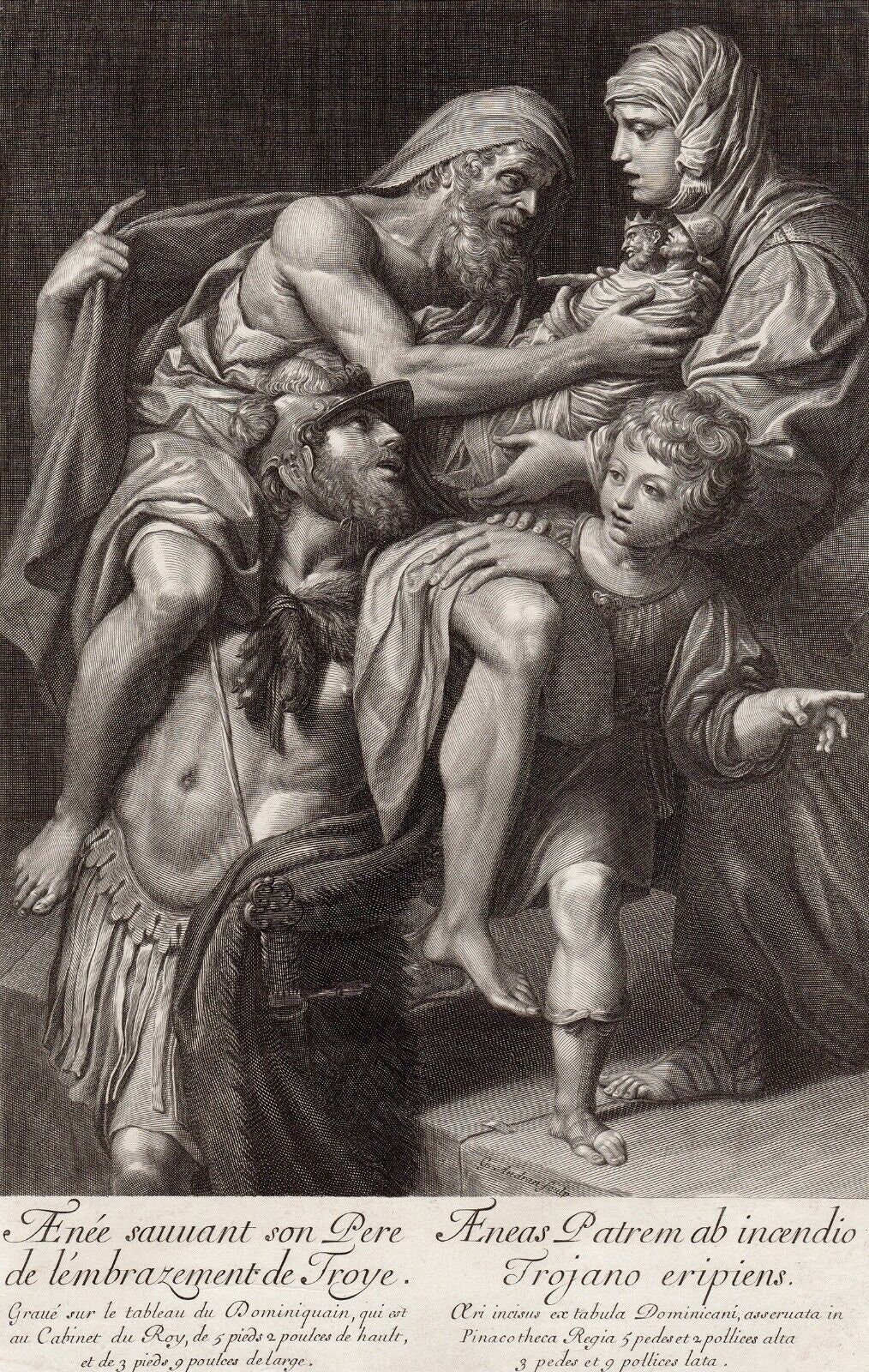 1600s Domenichino Engraving "Aenes Saves his Father from Burning of Troy" Custom FRAMED Gallery Certificate