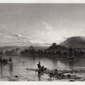 May include: A black and white engraving of a coastal scene with a ship in the distance, a small boat in the foreground, and a hilltop fortress in the background.