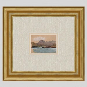 May include: A framed landscape painting depicting a mountain range, a body of water, and a cloudy sky. The artwork is in a rectangular frame with a gold finish. The painting is set against a neutral-coloured background.