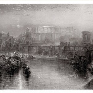 May include: A detailed black and white engraving depicts a classical city scene with a river, bridges, and large buildings. Boats are in the water, and figures are present on the banks and in the structures. The artwork has a historical and architectural theme.