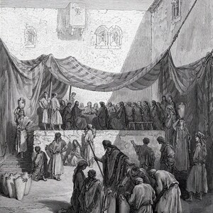 Biblia de Gustave Doré firmada del siglo XIX, xilografía "Las bodas de Caná", certificado de galería con marco personalizado.