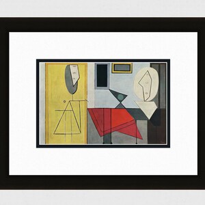 May include: Abstract art print in a black frame. The artwork features geometric shapes and figures in yellow, red, grey, and white. The composition includes a yellow door, a red table, and a grey background.